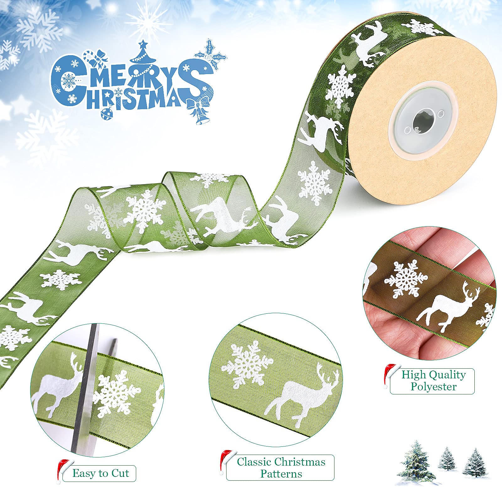 Fovths 3 Rolls 30 M Christmas Ribbon Gift Wrapping Ribbons Organza Ribbon Xmas Theme With Snowflake Elk in 3 Colors for Gift Wrapping 25mm Wide - Image 3