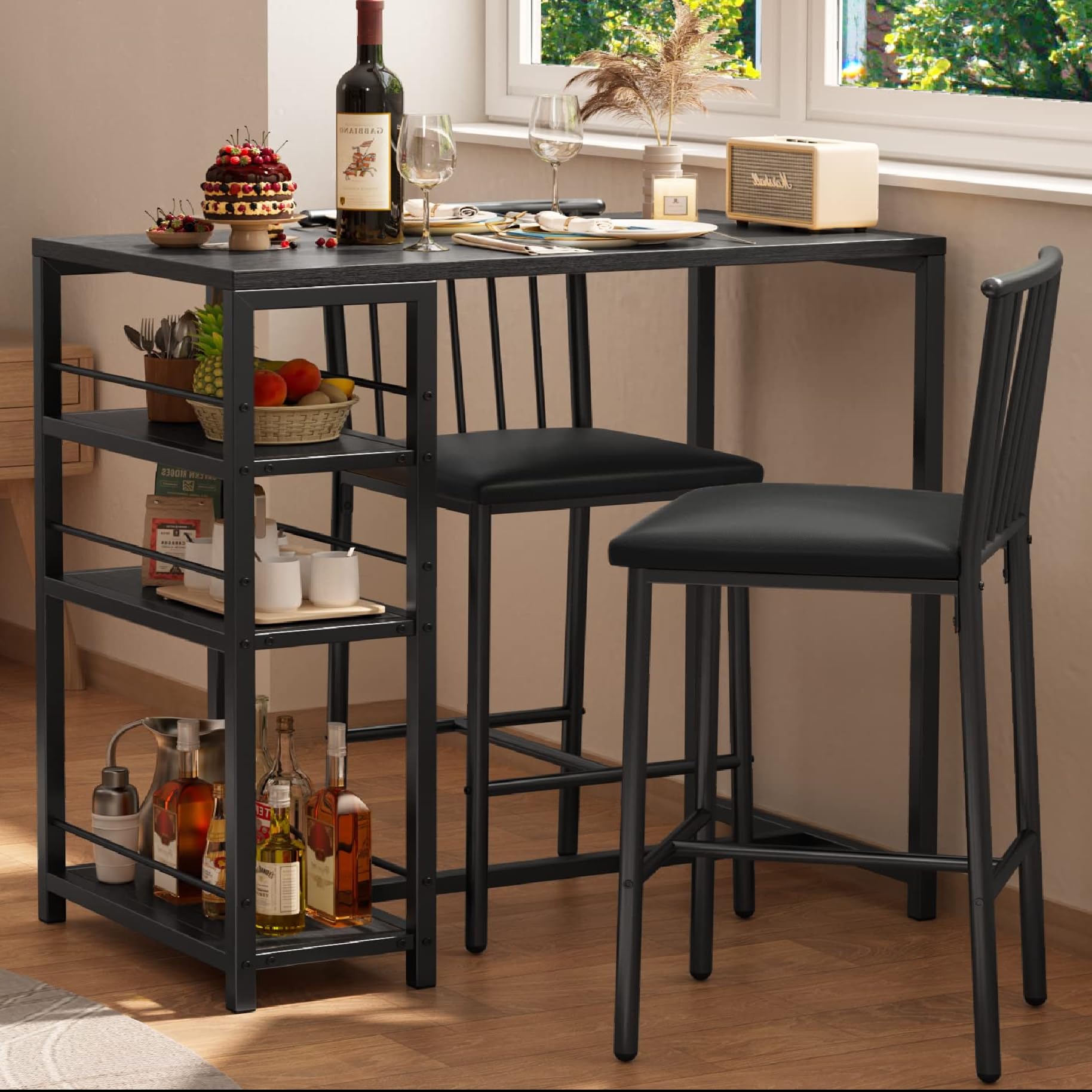 Gizoon Dining Table Set for 2 with 3 Storage Shelves, Kitchen Table and Chairs for 2 with Pu Cushion Chairs & Thick Wood Top, 3 Piece Dining Table Set for Small Space, Apartment - Black