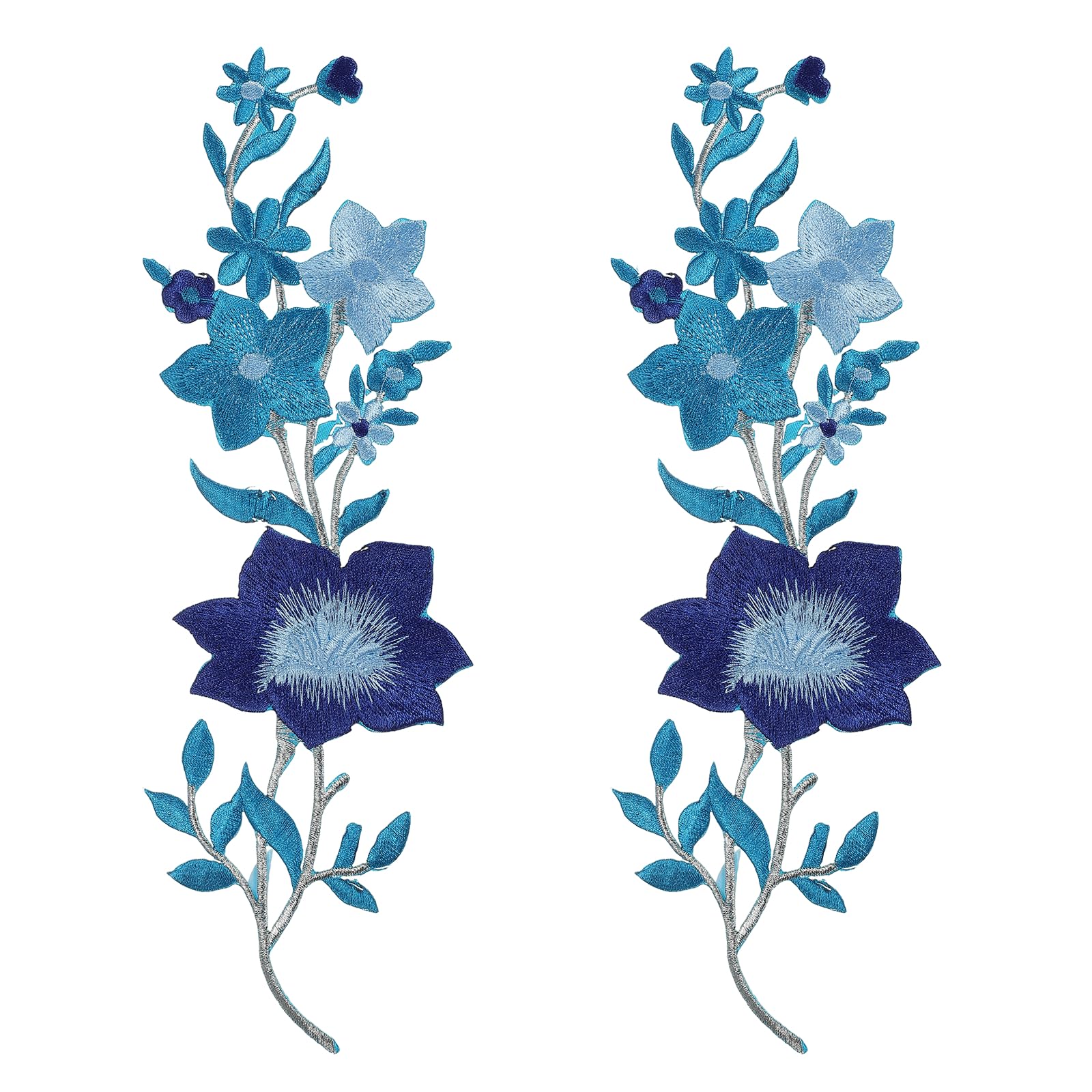 sourcing map 2Pcs Plum Iron on Appliques, 10in Plum Blossom Flower Applique Patch Flower Leaf Vines Iron on Sewing Embroidered Patches for Dress Clothes Down Jacket Jeans Bag, Deep Blue