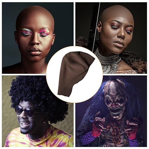 Dark Brown Bald Cap SFX Makeup Kit,Black Wig Cap with Professional Skin Water-Based Acrylic Adhesive(Bonding Glue) for Deep Skin Tones Men,Ideal for Halloween Costumes, Cosplay(dark brown bald cap kit)