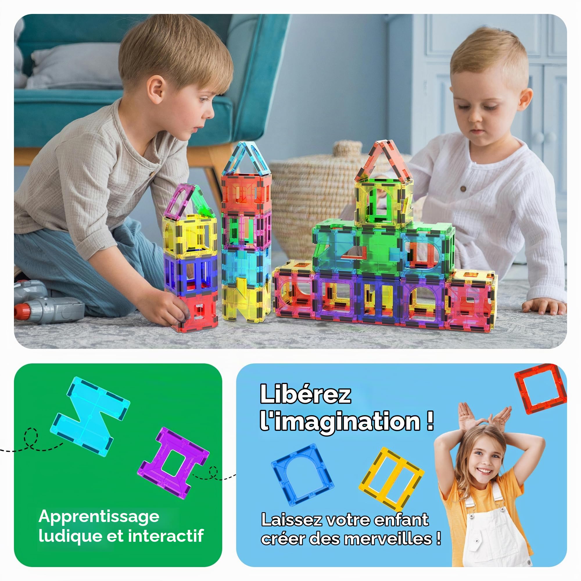 PicassoTiles 42 pièces Ensemble de Blocs de Construction magnétiques Planches de Jeu tuiles magnétiques Construction Jouet Kit éducatif tuiles aimants ingénierie STEM Learning Playset, 3 et Plus