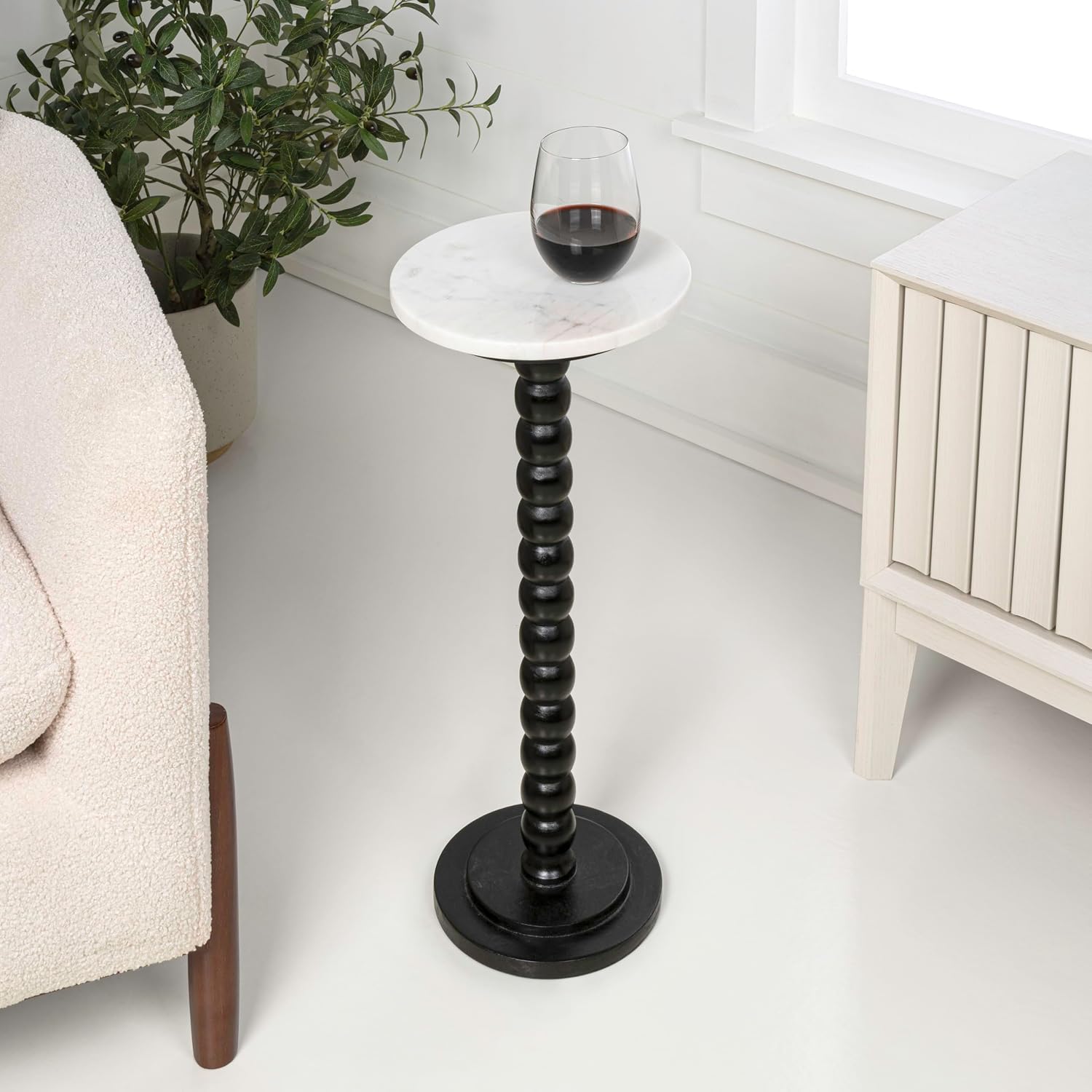 JONATHAN Y Monroe 24.25" Black and White Wood and Marble Round Drink Table with Bobbin Spool Pedestal Base, Tall Modern Accent Martini Table for Small Spaces, Living Room, Bedroom END3005A