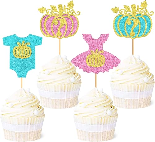 Ercadio Paquete de 24 adornos de calabaza con purpurina para cupcakes de calabaza para niños o niñas, decoración de cupcakes para el día de Acción