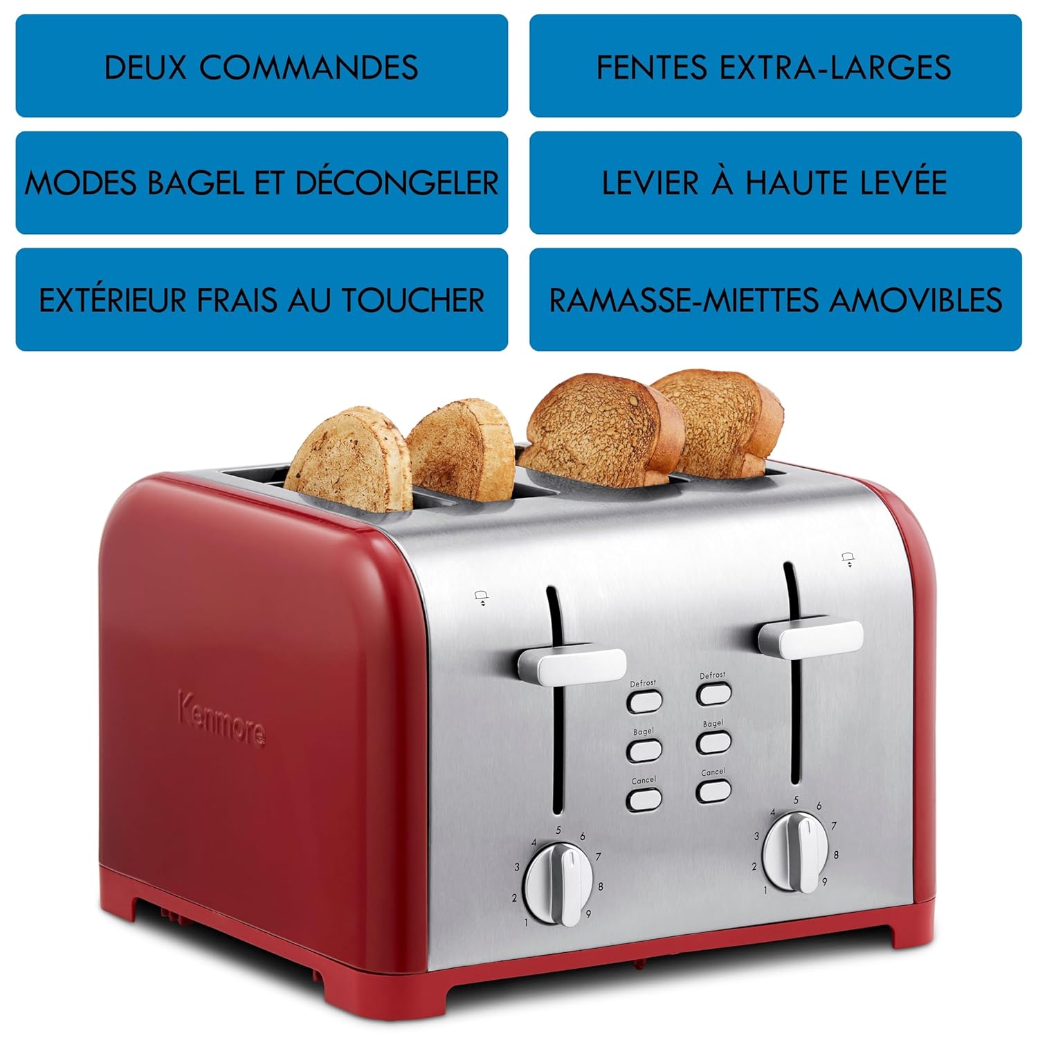 Koolatron Kenmore 12-cup Programmable Drip Coffee Machine + 4-Slice Toaster with Extra Wide Slots Self-Adjusting Bread Guides and Removable Crumb Tray, Red and Stainless Steel