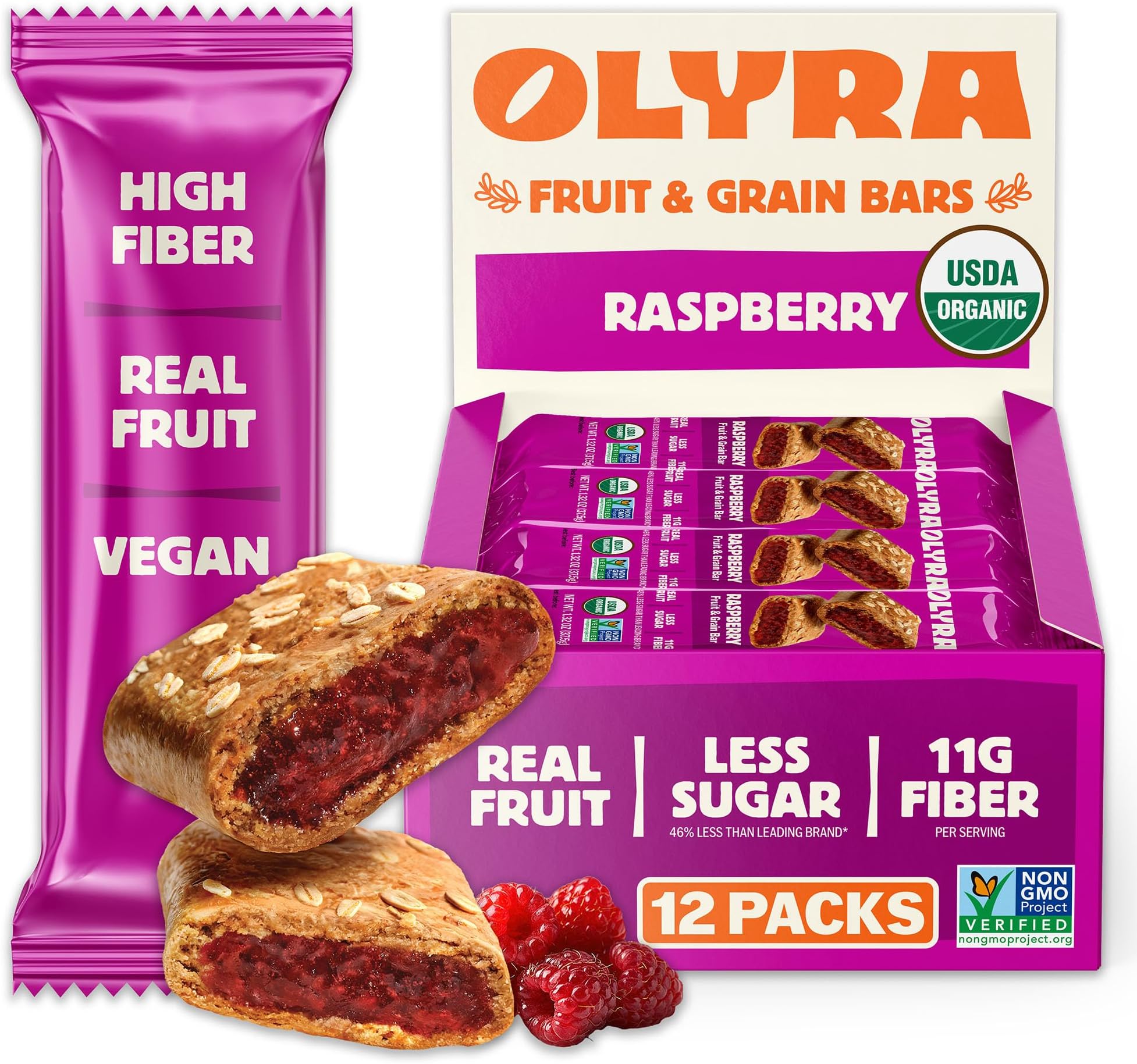 Olyra: Raspberry Fruit Bars (12), Organic Low Sugar High-Fiber Snack