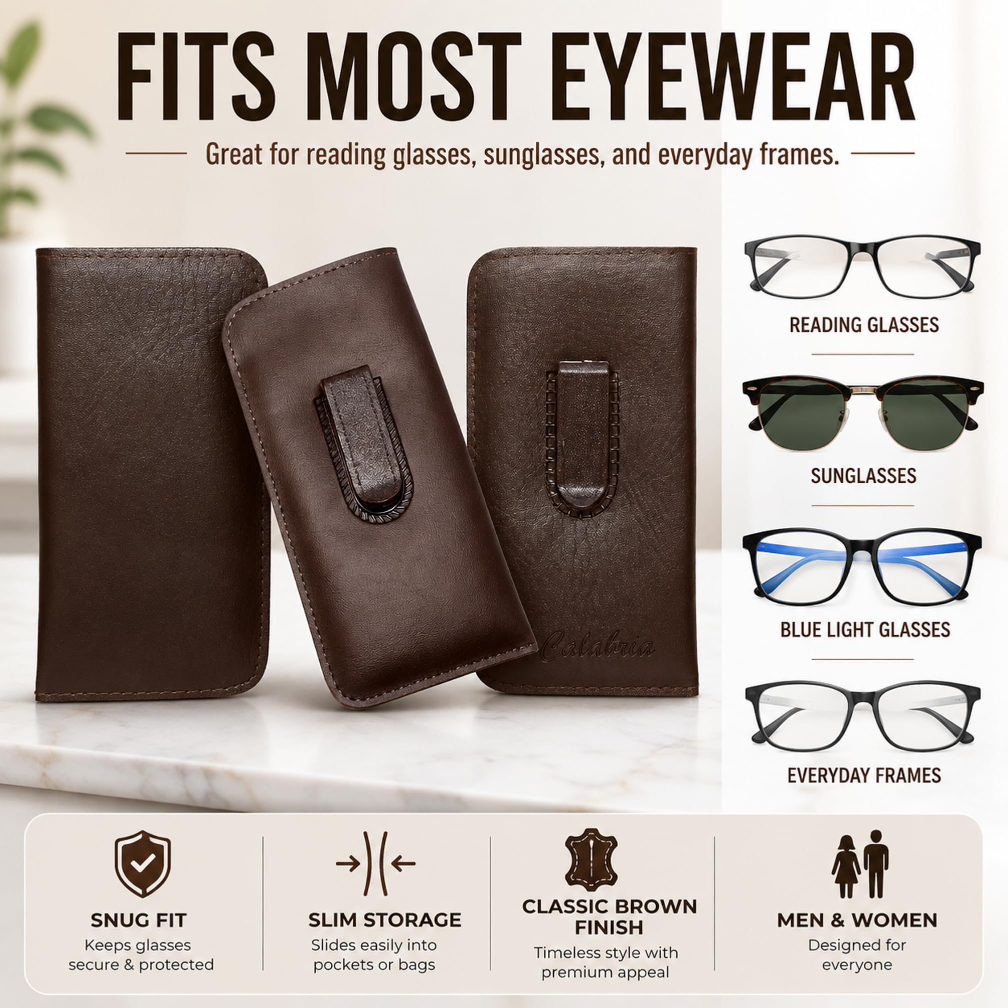 Calabria Soft PU Leather Felt Eye Glasses Case w/Plastic Pocket Clip Slim Eyeglass Pouch Slip-In Travel Sunglass Holder Bag