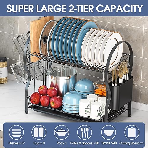 Miniatura 2 de TOOLF Escurridor de platos para encimera de cocina, escurridor de platos de cocina de 2 niveles con escurridor, escurridor de platos de gran