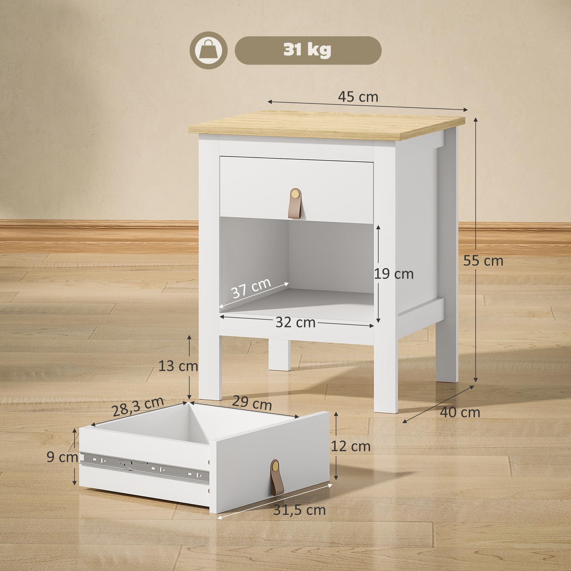 HOMCOM Mesita de Noche Moderna con Cajón para Salón 45x40x55 cm Blanco