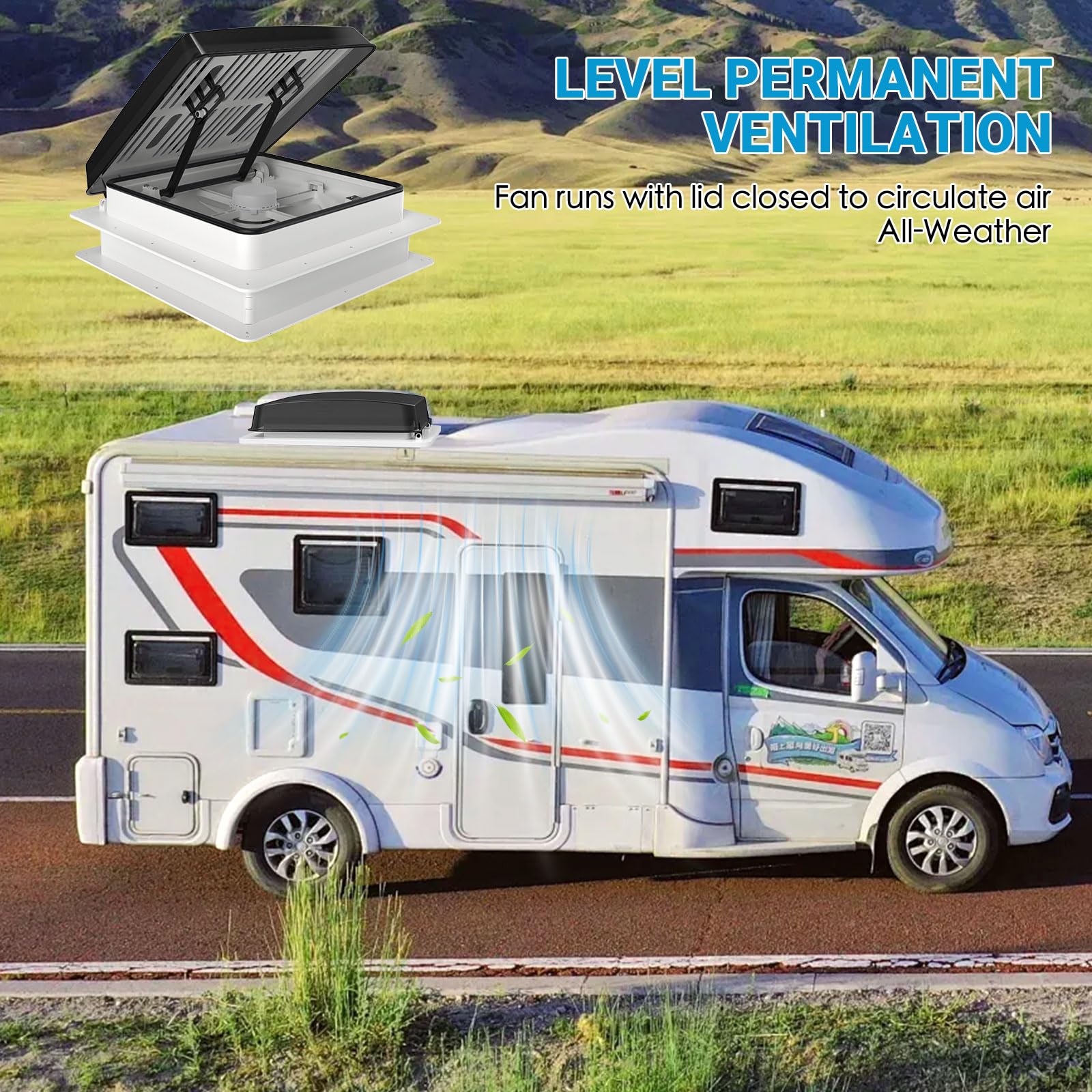 Ventilador de techo para caravanas 40cm*40cm, Claraboya, Nivel de ruido ultra bajo de escape reversible con sensor de lluvia, ventilador permanente de nivel automático (Blanco Negro)