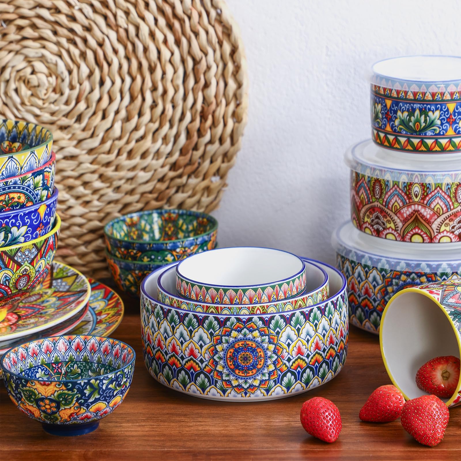 Henten Home Set di Ciotole in Ceramic, 3 Pezzi, Insalatiera con Coperchio, 330ml/600ml/950ml, Lunch Box, Contenitori per la Cucina, Ideali per cereali, insalate, zuppe