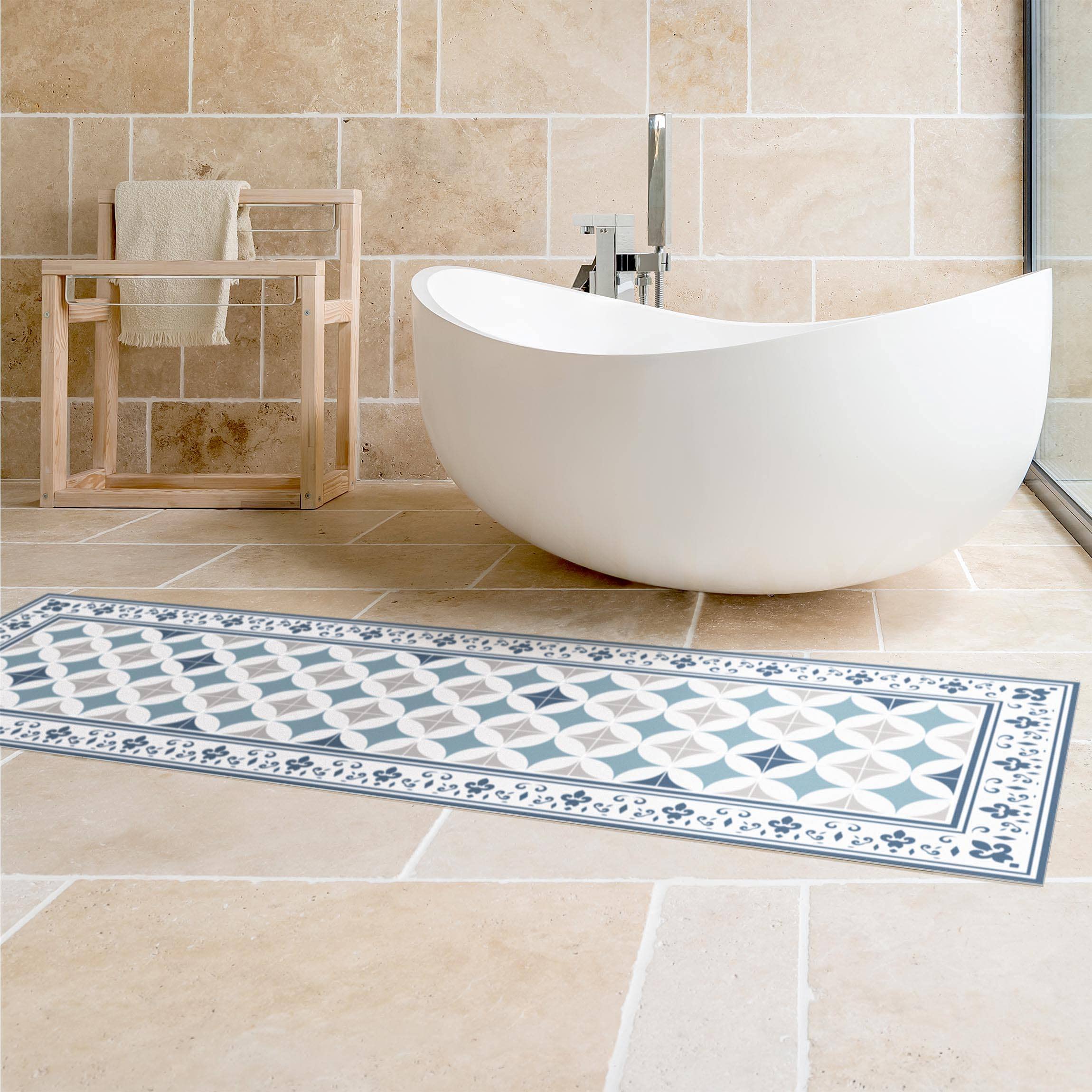 Tapis en Vinyle essuyable à l'eau à Motifs Collage sans Bulles Protection de Sol géométrique Tapis antidérapant Bleu Imitation carrelage Cuisine Couloir 3074 (60x180cm)