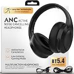 ANC Wireless Bluetooth 5.4 Headset, ENC Built-in Mic for Clear Calls, Hi-res, Foldable, Breathable Over Ear Comfort, Low Latency, Lightweight, 3.5 mm Audio Cable, Wired, for Cell Phones, Tablets, PC’s