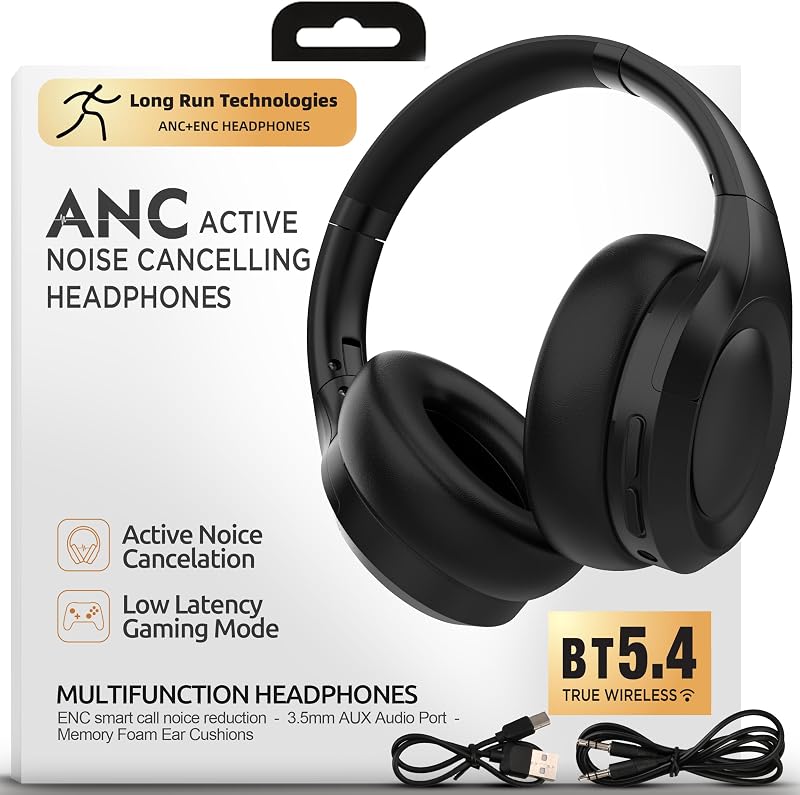 Auriculares con cancelación activa de ruido, Bluetooth sobre la oreja, estéreo de alta fidelidad, tiempo de reproducción de 100 horas, audio de alta resolución, resistentes al agua, graves profundos, orejeras de espuma viscoelástica, hogar, oficina, estudio, viajes, trabajo, gimnasio