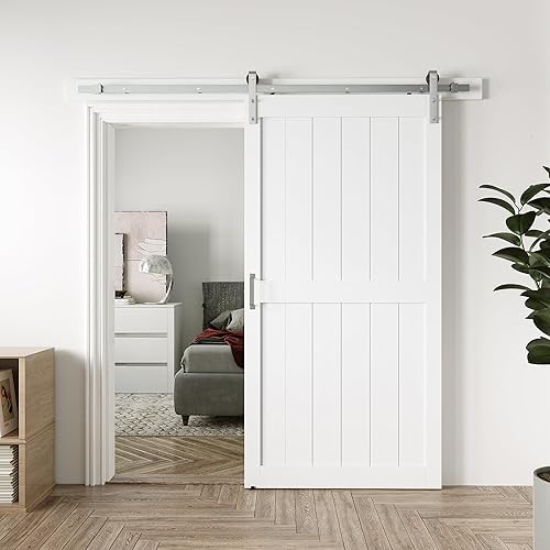 Miniatura 37 de Puerta corrediza de granero MDF de 48 x 80 pulgadas con kit de herrajes para puerta de granero de 8 pies y asa, agujeros preperforados, fácil Blanco