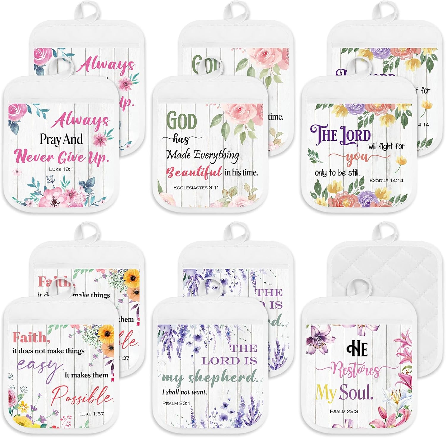 LemonRoad 12 Pcs Mother's Day Church Gifts Bulk Religious Christian Pot Holders with Pocket Mom Gifts Wildflowers Floral Gloves Pads Bible Verse Scripture Oven Mitts for Women Kitchen Baking Supplies