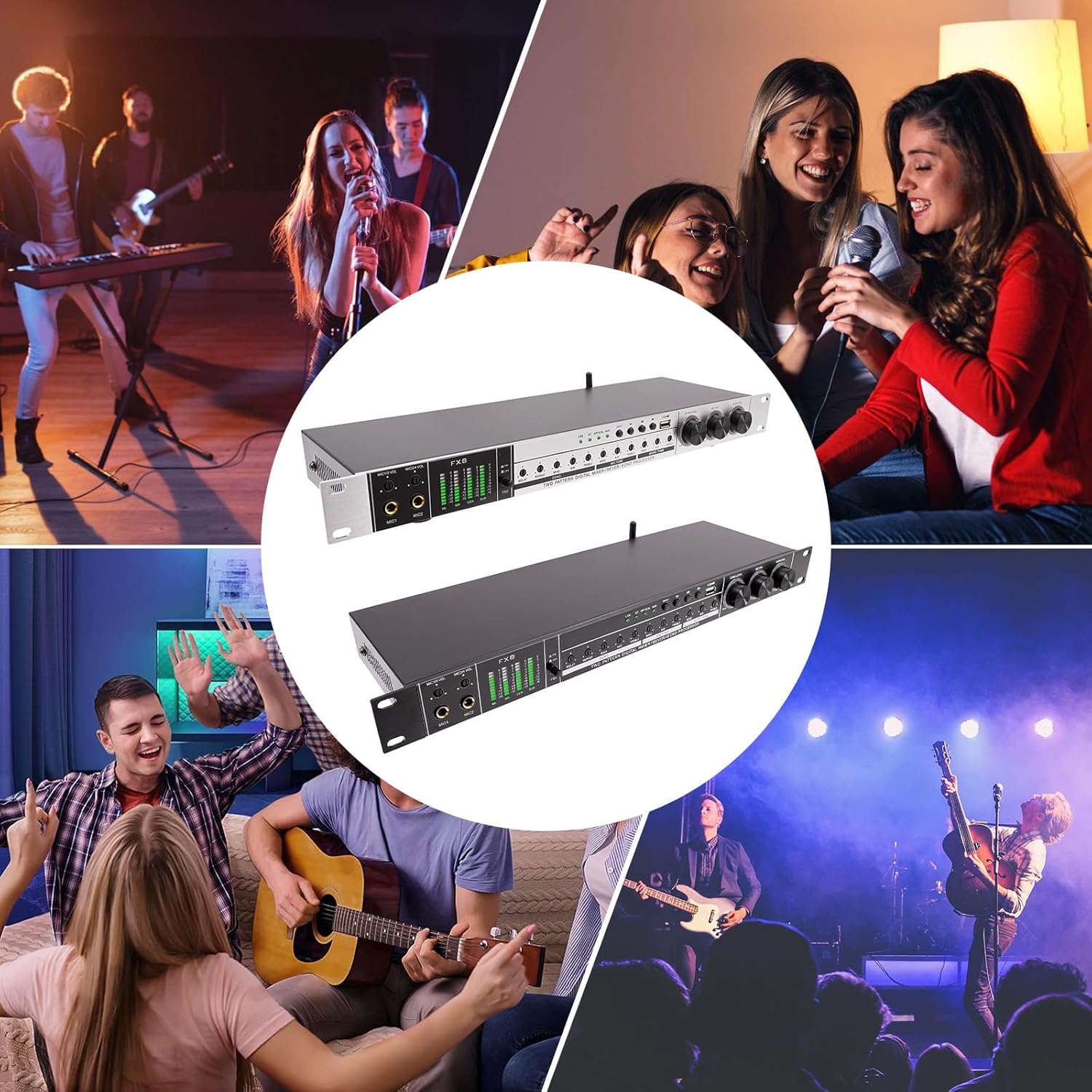 Professional KTV Pre-effector one-button Anti-howling Audio Processor, 4 Input Echo, Support USB MP3 Bluetooth Optical AUX, for for Home KTV, Wedding, Concert, Bands/Stage Performance. (Silver)