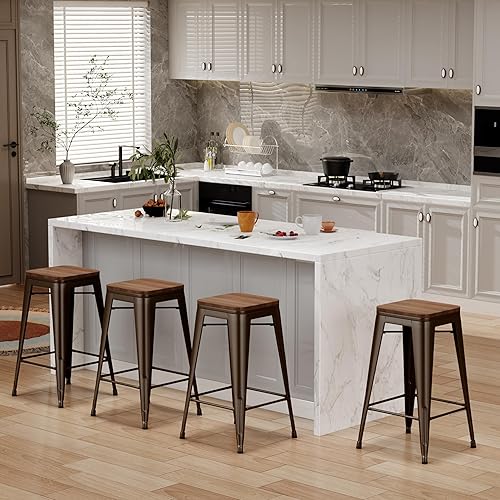 Miniatura 4 de Changjie Furniture Juego de 4 taburetes de bar con asiento de madera, taburetes de bar sin espalda, taburetes de bar industriales de altura de
