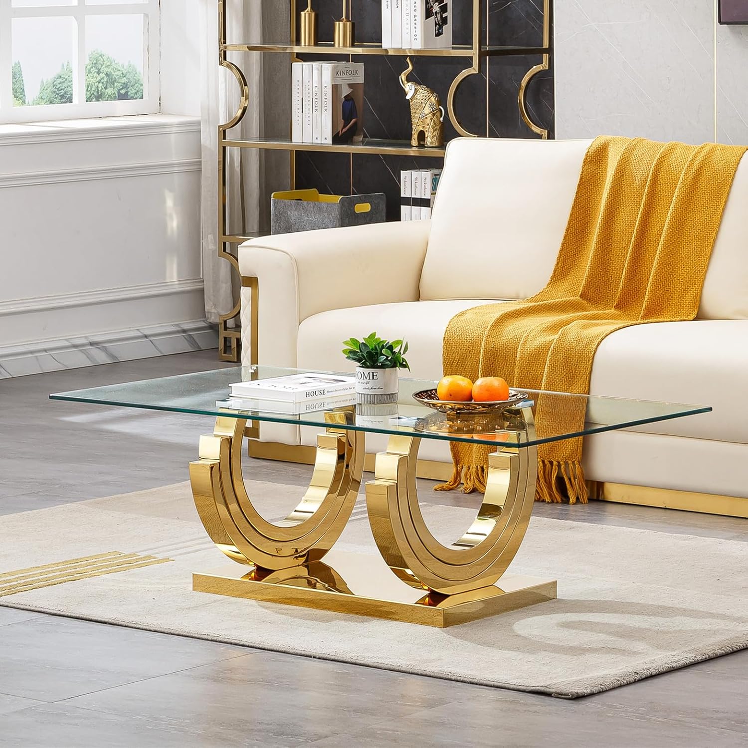 Elegant 1 Piece Living Room Coffee Table Luxury Gold Glass Coffee Table with Three Ring-Shape Stainless Steel Base for Living Room Bedroom Office (1 Coffee Table)