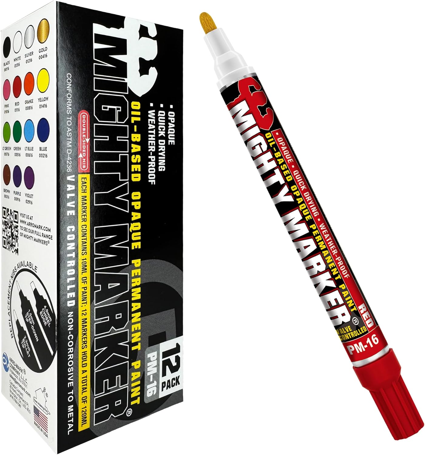 PM-16 Paint Marker, Oil Based, Permanent, Quick Drying, 2.3mm Bullet Tip, Industrial Paint Pen for Contractors and Welders, Red 12 Box