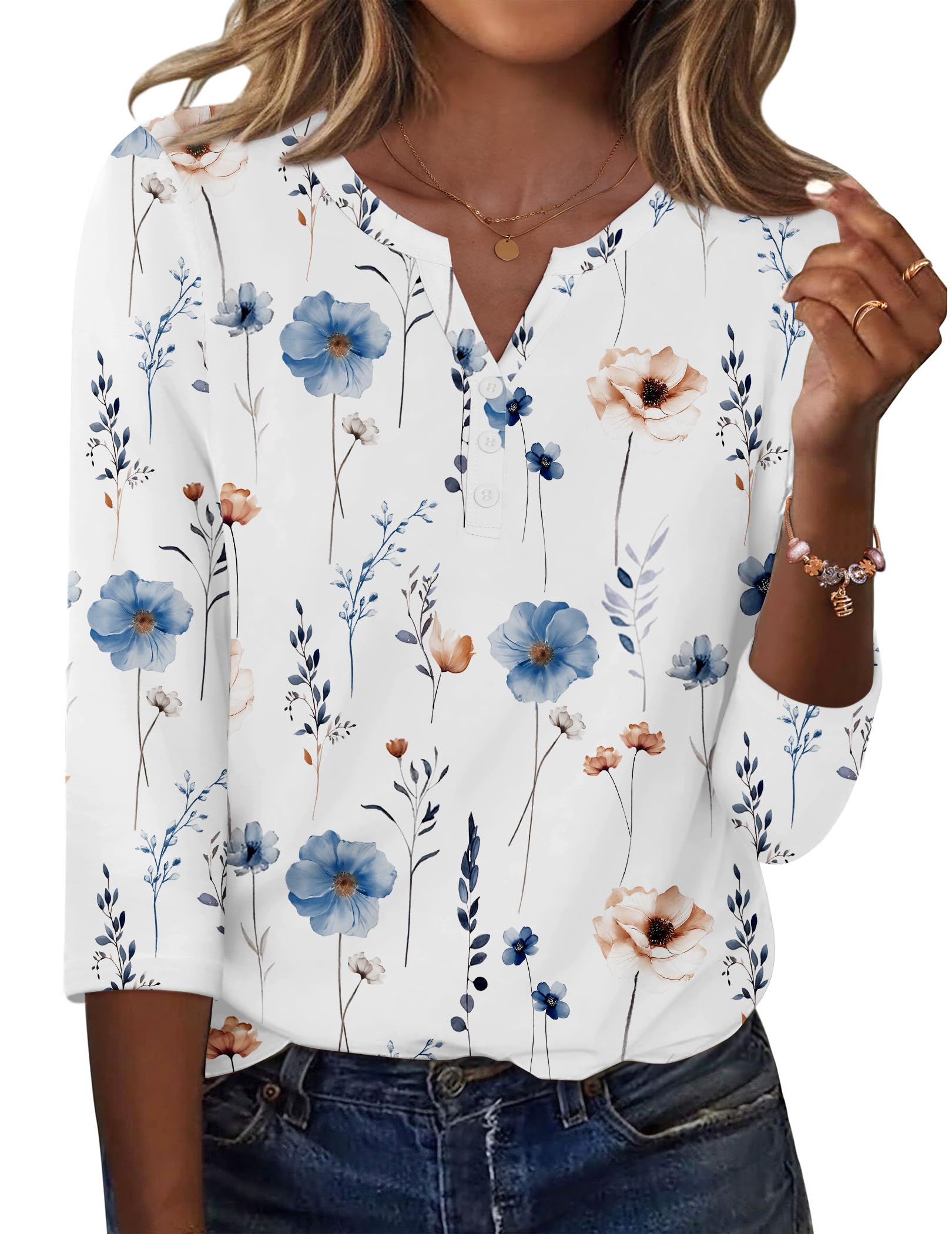 Zeagoo Tshirt Damen 3/4 Arm Shirt V-Ausschnitt Elegant Oberteile Locker Basic Top Tunika Bluse Sommer mit Knöpfen S-XXL
