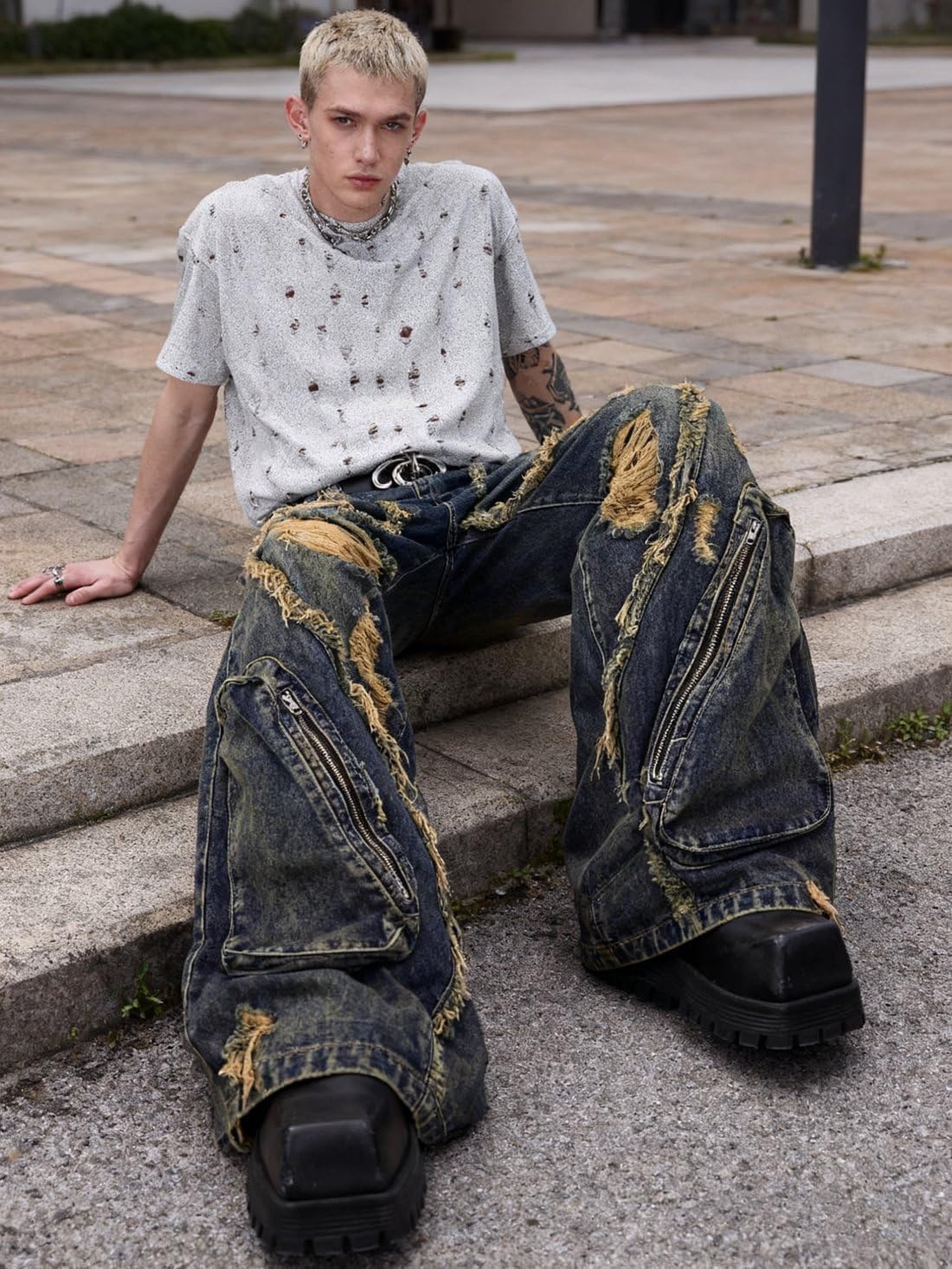 Y2k Retro Niche Baggy deconstruction Tassel Ripped Jeans Men's and Women's Large Pocket Design Sense Work Pants - Image 5