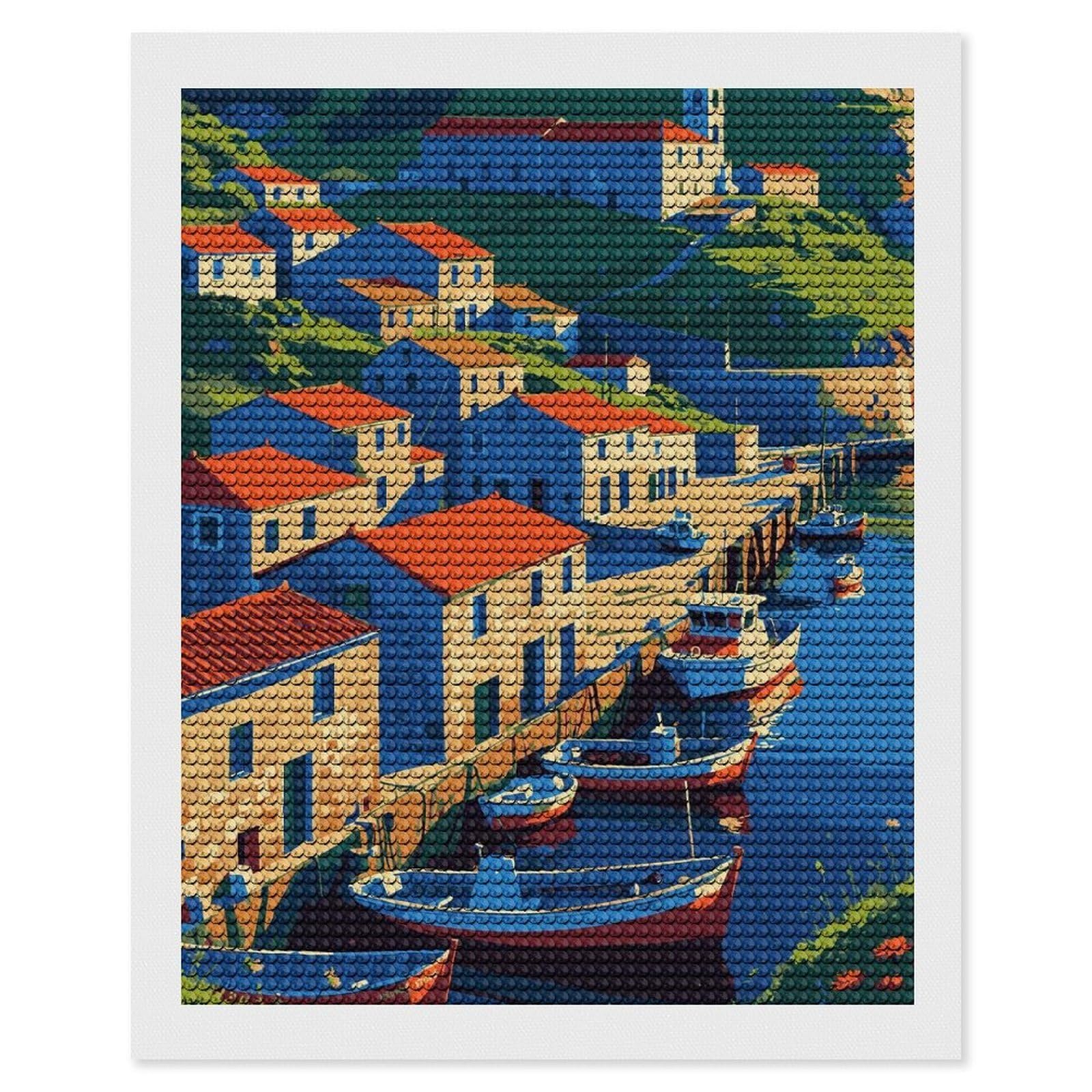Junmoney Coastal Village with Boats and Red Roofs Diamond Painting Canvas Set 16"x20", for Women, Pleasing Wall Art Project, Aesthetic Room Decor, Gift Idea