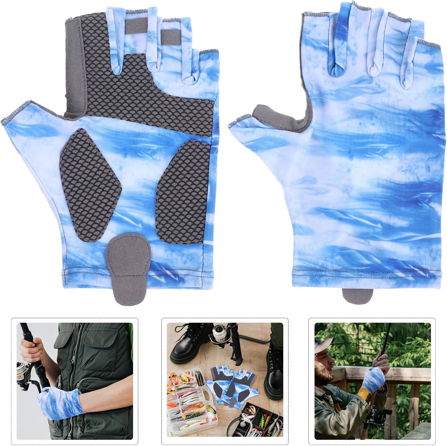 Kichvoe Fishing Gloves Half Finger Upf50+ Sun Protection Non-Skid Outdoor Cooling Gloves for Men Medium Patterned