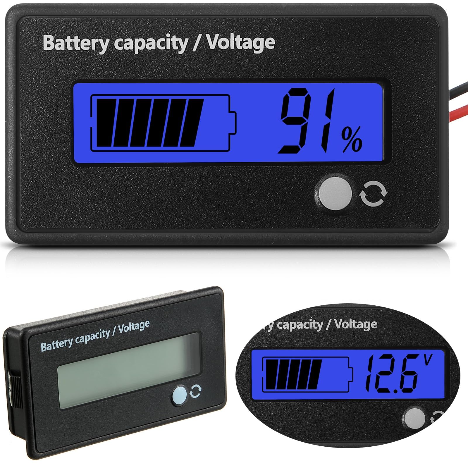DC 12V-72V Battery Capacity Voltage Meter With Alarm, Gauge Indicator, Monitors, Lead-Acid and Lithium Ion Tester for Car Vehicle (Blue Light)