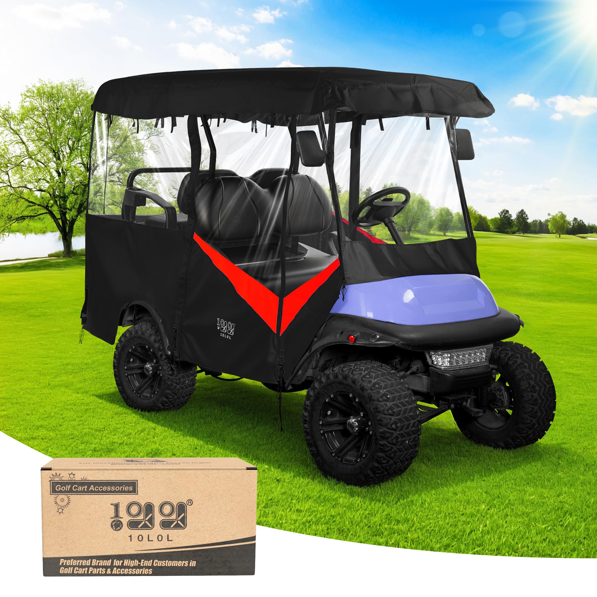 Photo 1 of 10L0L Universal Golf Cart Enclosure – Fits Yamaha, EZGO & Club Car (4-Passenger) – Waterproof 600D Polyester Cover – Windproof Design – 4-Side Clear Windows (Black & Red)
