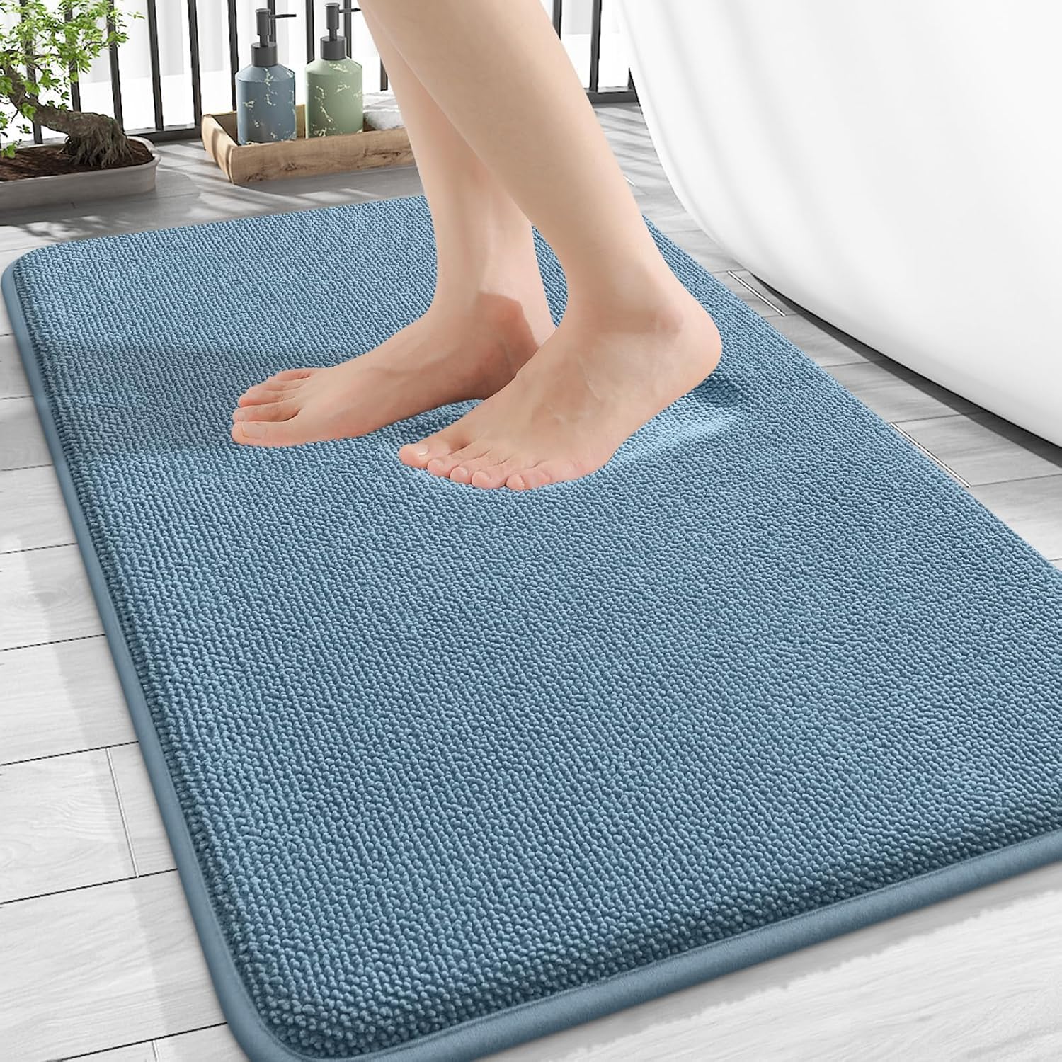 smiry Thick Memory Foam Bath Mat,50 x 75 cm,Extra Soft Absorbent Bathroom Mat,Non-Slip Quick Dry Bath Mats for Bathroom,Machine-Washable Bath Rug Foot Mat,Airy Blue