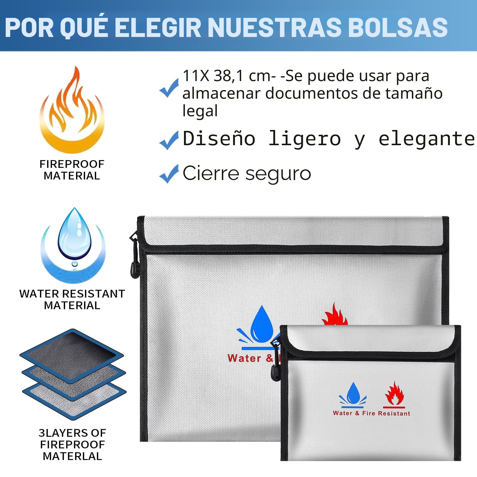 Bolsa de documentos ignífuga, bolsa de almacenamiento de seguridad ignífuga e impermeable de 15 x 11 y 9 x 7 pulgadas, puede proteger objetos de valor, pasaportes, documentos, dinero, joyas (plata)