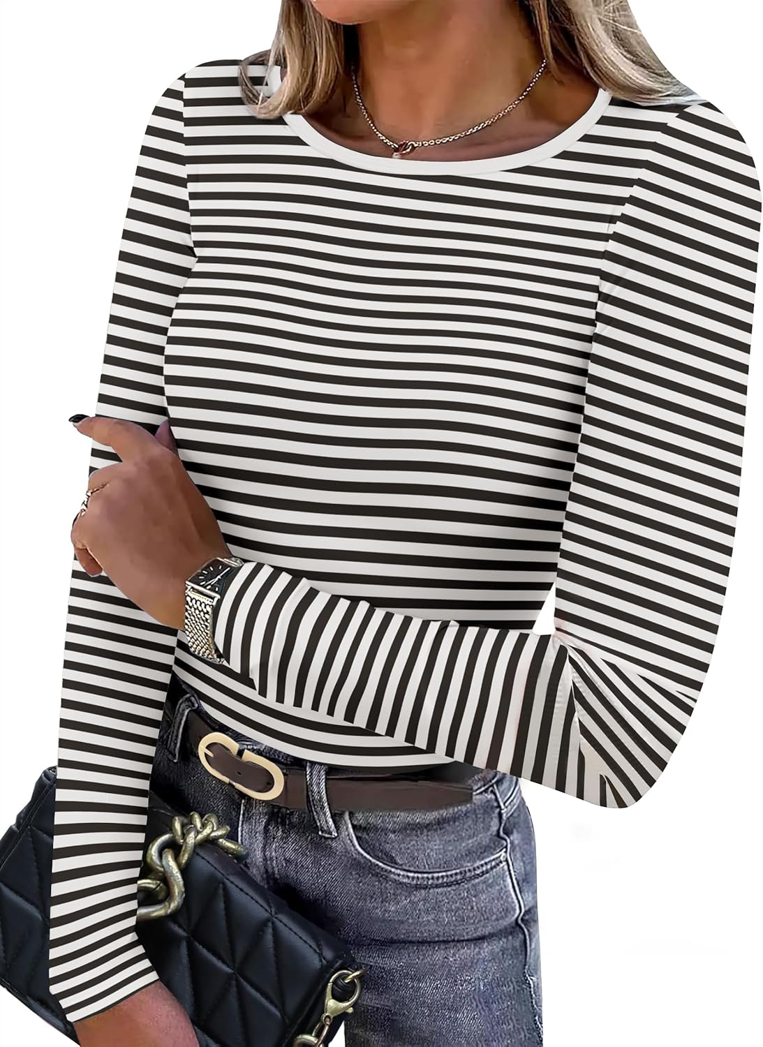 Women Long Sleeve Crewneck Rib Knit Slim Fit Shirts Basic Tee Tops 2024 Casual T-Shirt Going Out Workout Outfits