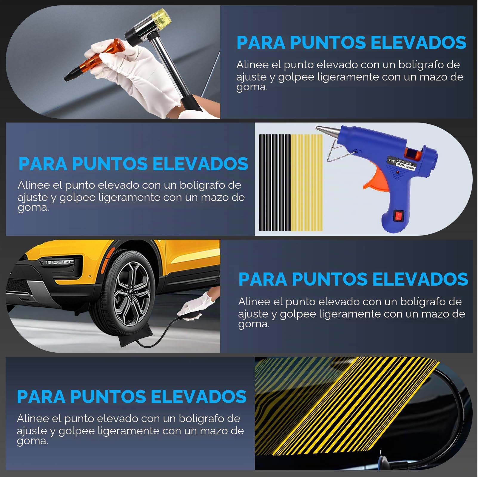 Kit Extractor Abolladuras Coche 120Pcs con Pistola de Pegamento, Extractor, Martillo y Ventosas, Kit de Reparación de Abolladuras sin Pintura para Coches, Motos y Electrodomésticos Metálicos