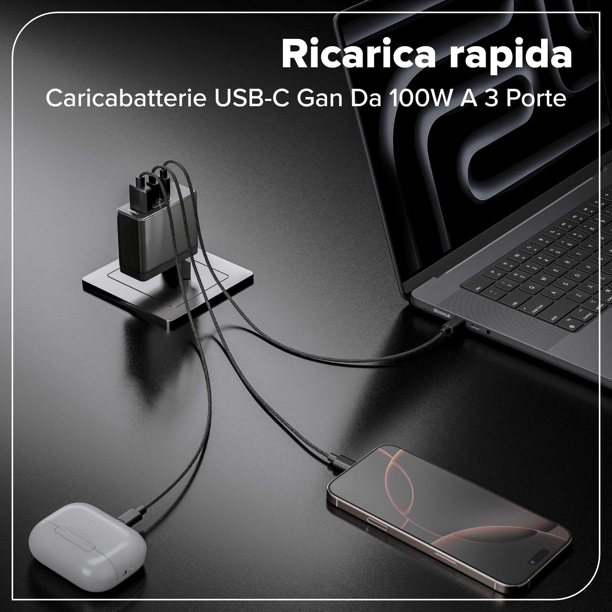 Greenworks Caricatore USB C rapido 100W Pod a 3 Porte PPS, Alimentatore Compatto USB C per MacBook PRO/Air, iPad PRO, Galaxy S20, dell XPS 13, Note 20, iPhone 17 Pro Max/16, Garanzia 3 Anni -AP100EA