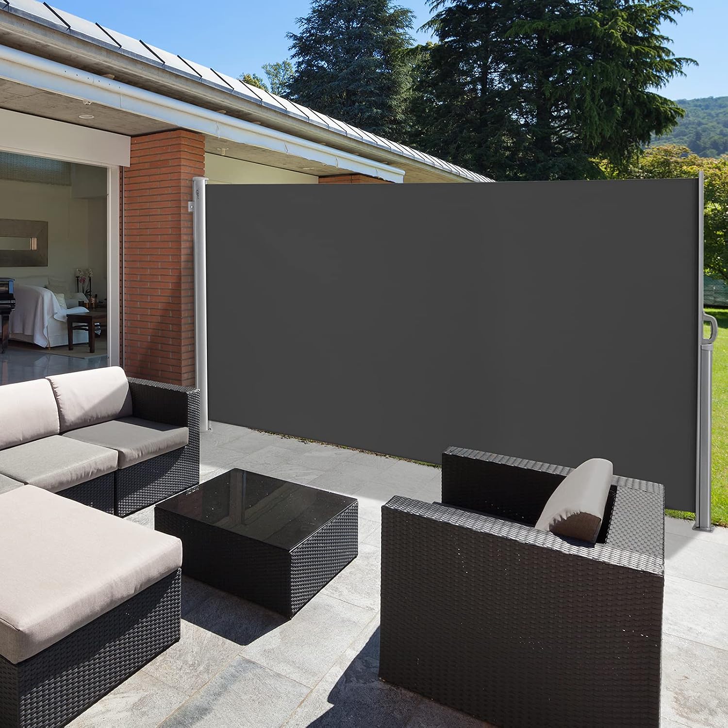 VINGLI 63" x 118" Patio Retractable Side Screen Awning, Side Awning Waterproof Sun Shade Wind Screen Fence Privacy Divider with Aluminium Pole, Dark Grey