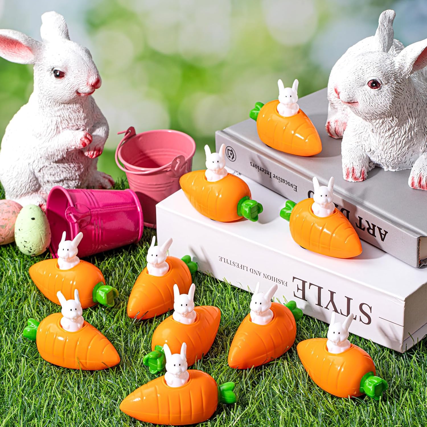 RoundFunny 50 Pcs Easter Radish Rabbit Pull Back Car Easter Egg Carrot Pull Back Car Cute Plastic Bunny Party Favors Mini Egg Fillers Cars for Birthday Gifts Basket Stuffers Prizes
