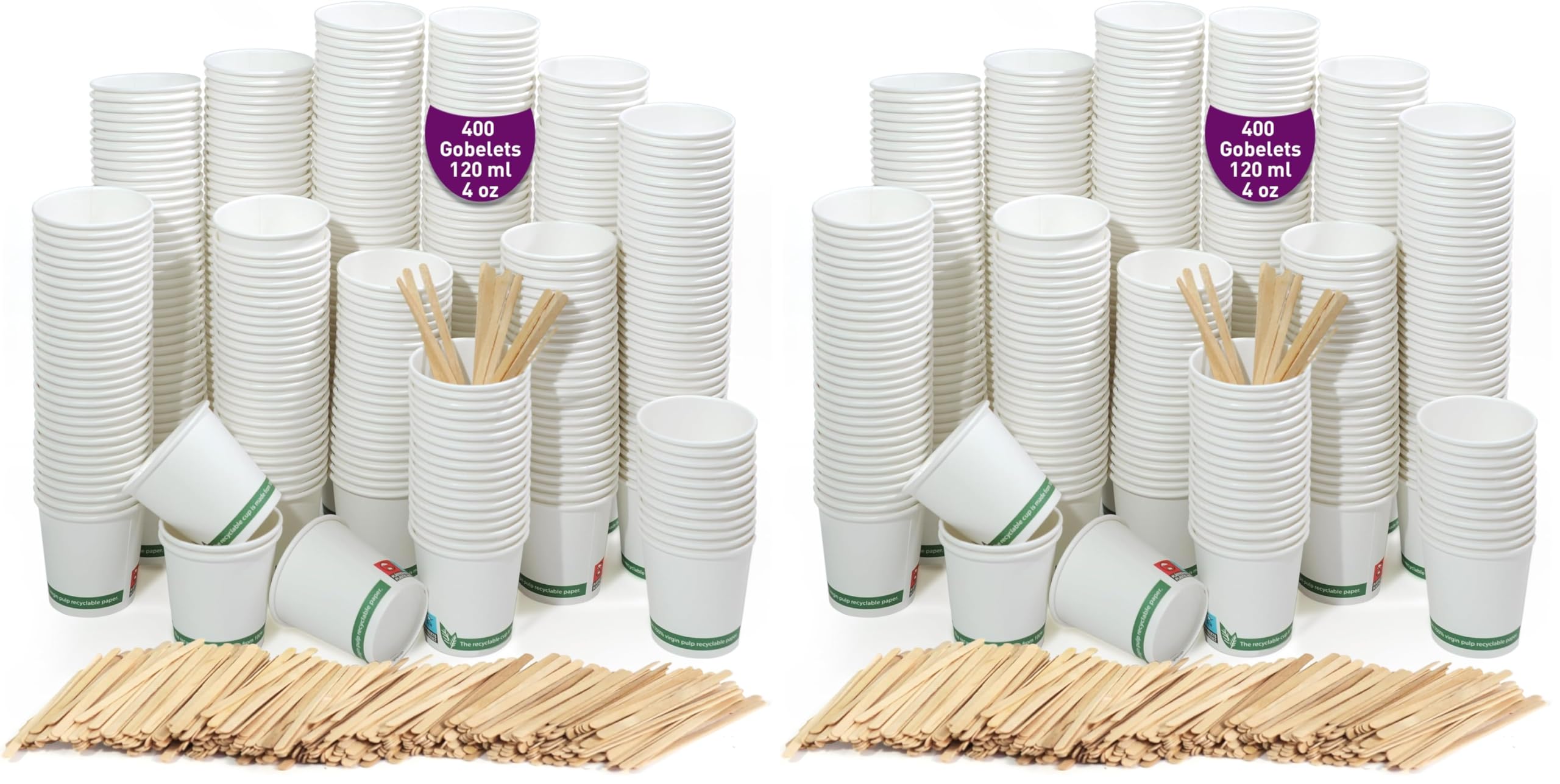 400 gobelets à café jetables en carton blanc 120 ml, gobelets jetables en carton blanc avec agitateurs à café en bois. Pour les boissons chaudes et froides. (Lot de 2)