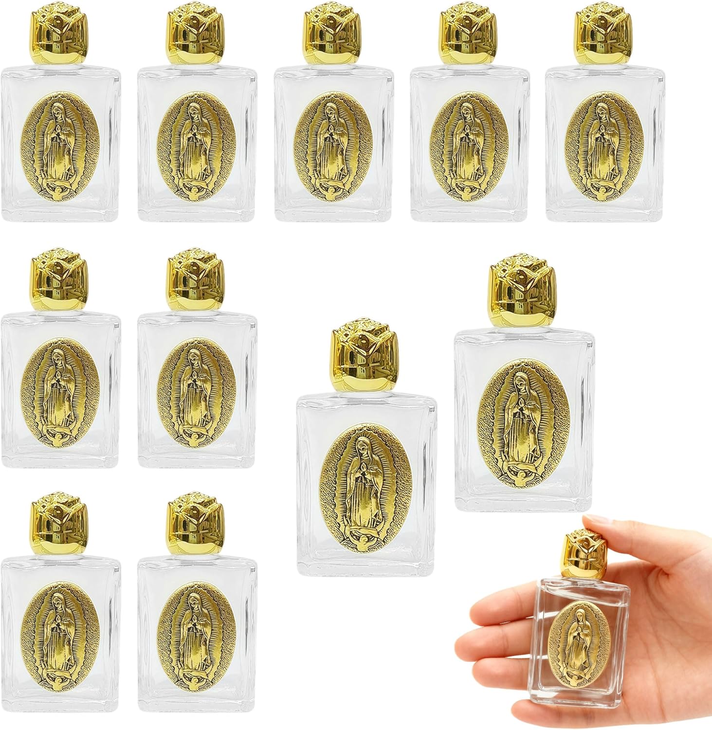 12 Pcs Catholic Holy Water Bottles 0.5 Floz Embossed Glass Holy Water Bottle with Toned Cap and Toned Depiction Communion Gifts for Family Church,Portable Favors Spiritual(Gold,Our Lady of Guadalupe)