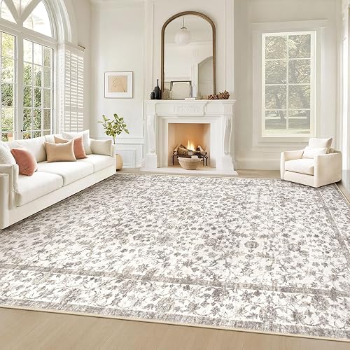 VECARF 8x10 Washable Moroccan Boho Rug (Grey Floral)