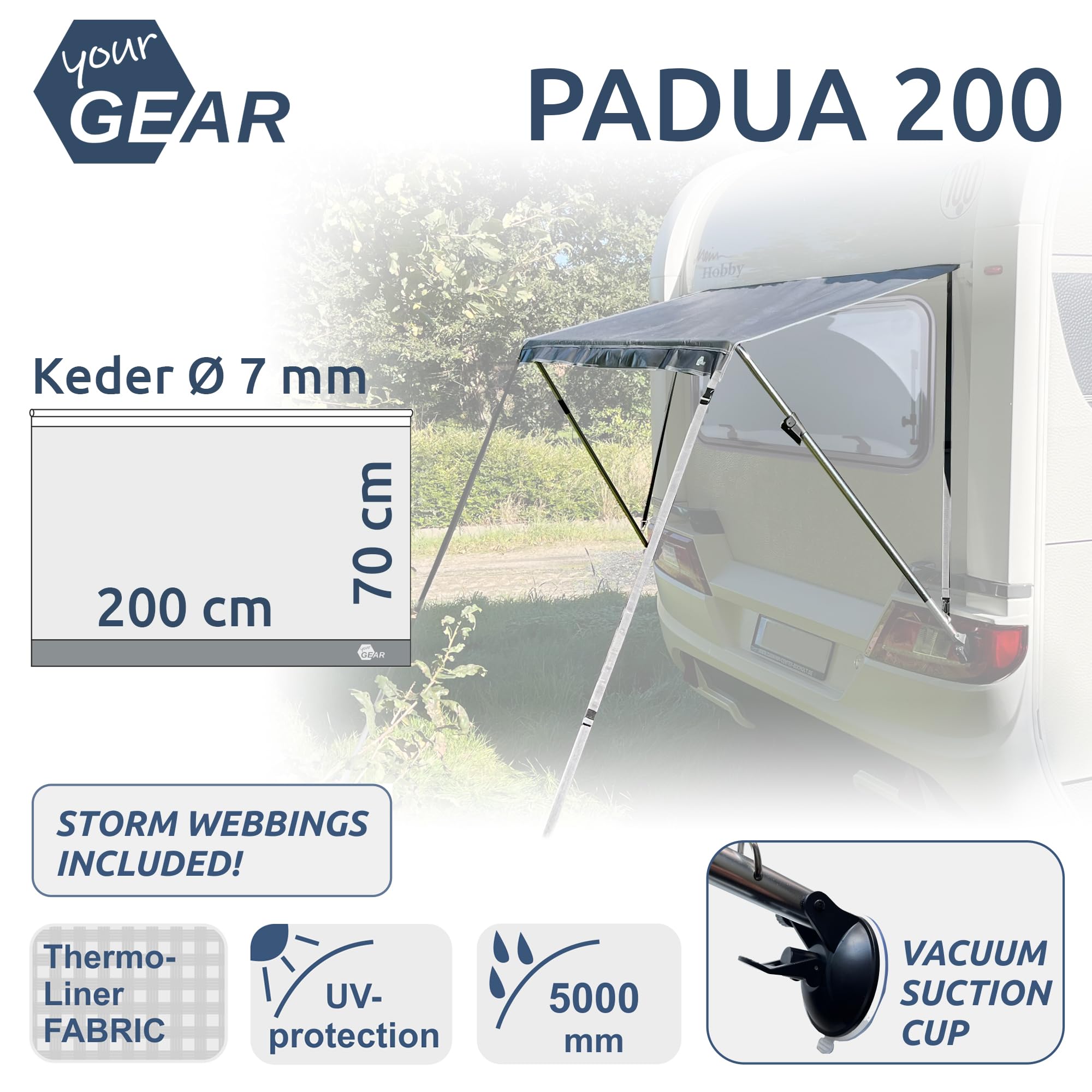 your GEAR Padua - Fenstermarkise für Wohnwagen | Größen: 140/160/180/200 x 70 cm | 7 mm Keder | UV 80+ Sonnenschutz, Camping-Markise (Grau, 200 X 70 cm)
