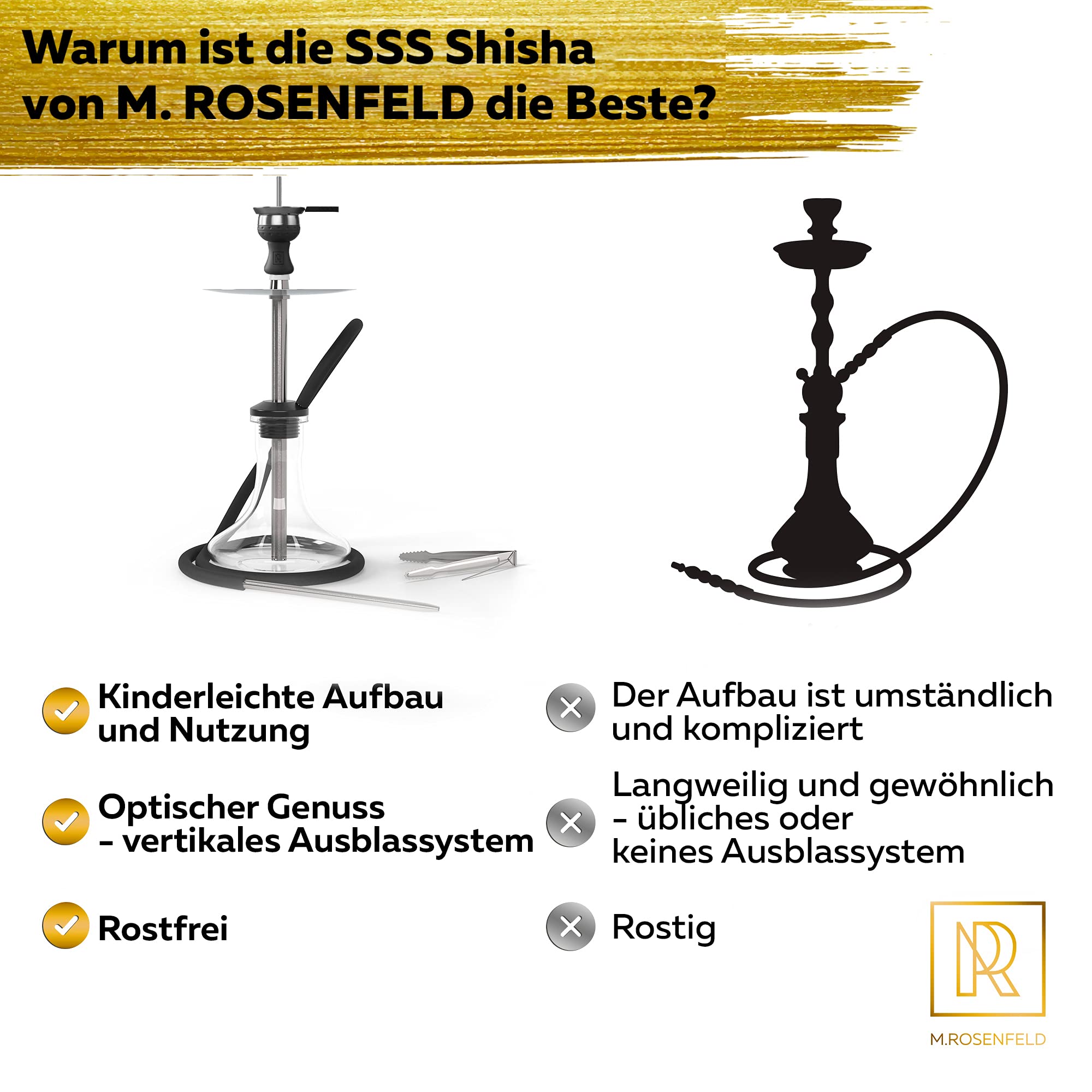 M. ROSENFELD Kompletny zestaw fajki wodnej ze stali nierdzewnej - szisza podróżna SSS z 2! Miski i akcesoria do fajki wodnej - zestaw fajki wodnej mały w tym 150cm
