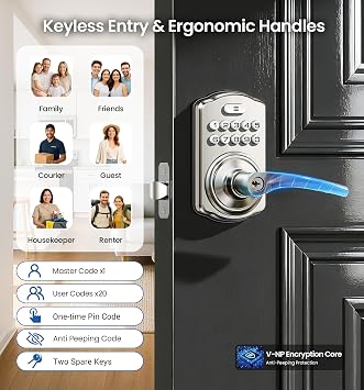 Veise KS04 Keypad Door Lock with Zinc Alloy Handle, Satin Nickel | Keyless Entry for Front Door & Bedroom, Auto Lock, One Time Code, 20 PIN Codes, Passage Mode, Low Battery Alert, Easy Install