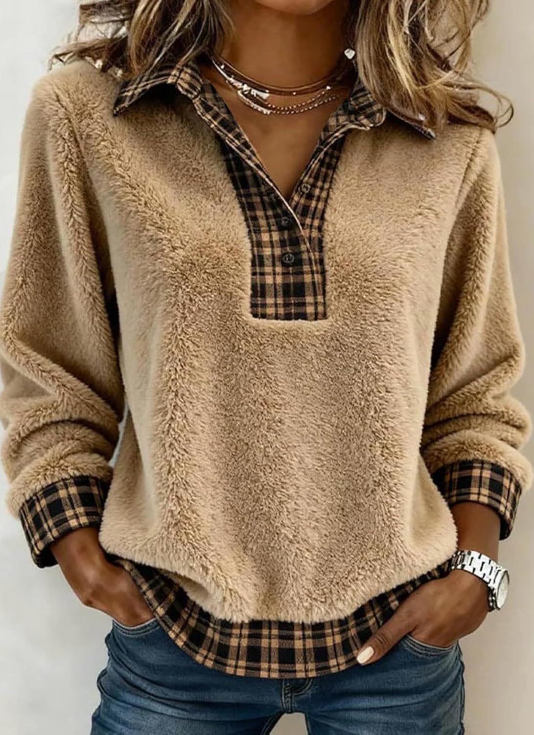 Women's Teddy Fleece Plaid Contrast Polo Collar Long Sleeve Casual Pullover Top Button Design 2025 Trendy - Image 2
