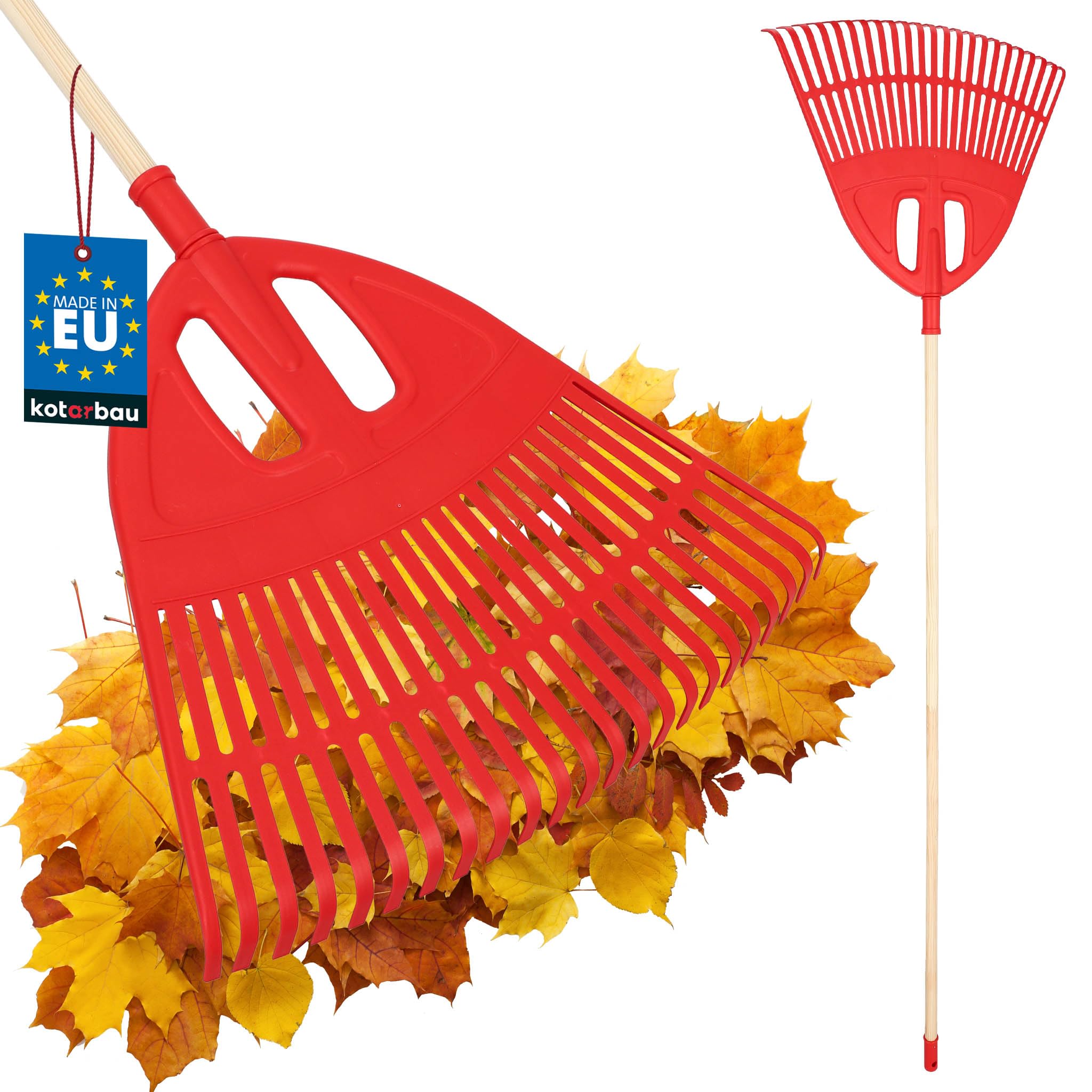 KOTARBAU® Rastrillo Hojas Jardin - Plástico - 50 cm - con Mango de Madera - 150 cm - Rastrillo Jardin - Herramienta Jardinería - Rastrillos para Cesped - Fácil De Guardar - Rojo y Madera Natural