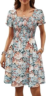 Women's Summer Dresses 2026 Pockets Short Sleeve Square Neck Flowy A Line Casual Boho Smocked Mini Sun Dress