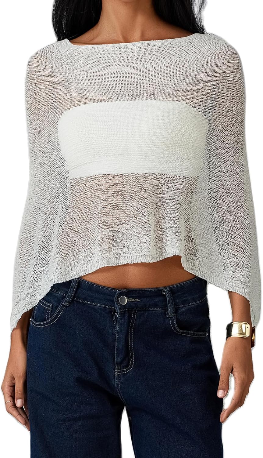 Womens Sheer Poncho Top Lightweight Knit Shrug Shawl Long Sleeves Solid Color Mesh Blouse Cover Up Tops