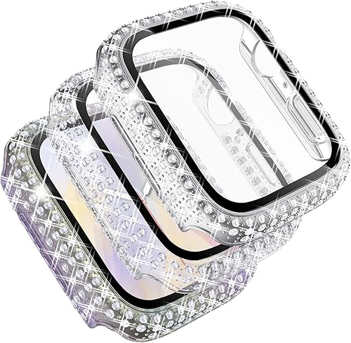 Fullife - Paquete de 3 carcasas con diamantes de cristal de imitación compatibles con Apple Watch de 1.73pulgadas, con protector con vidrio templado