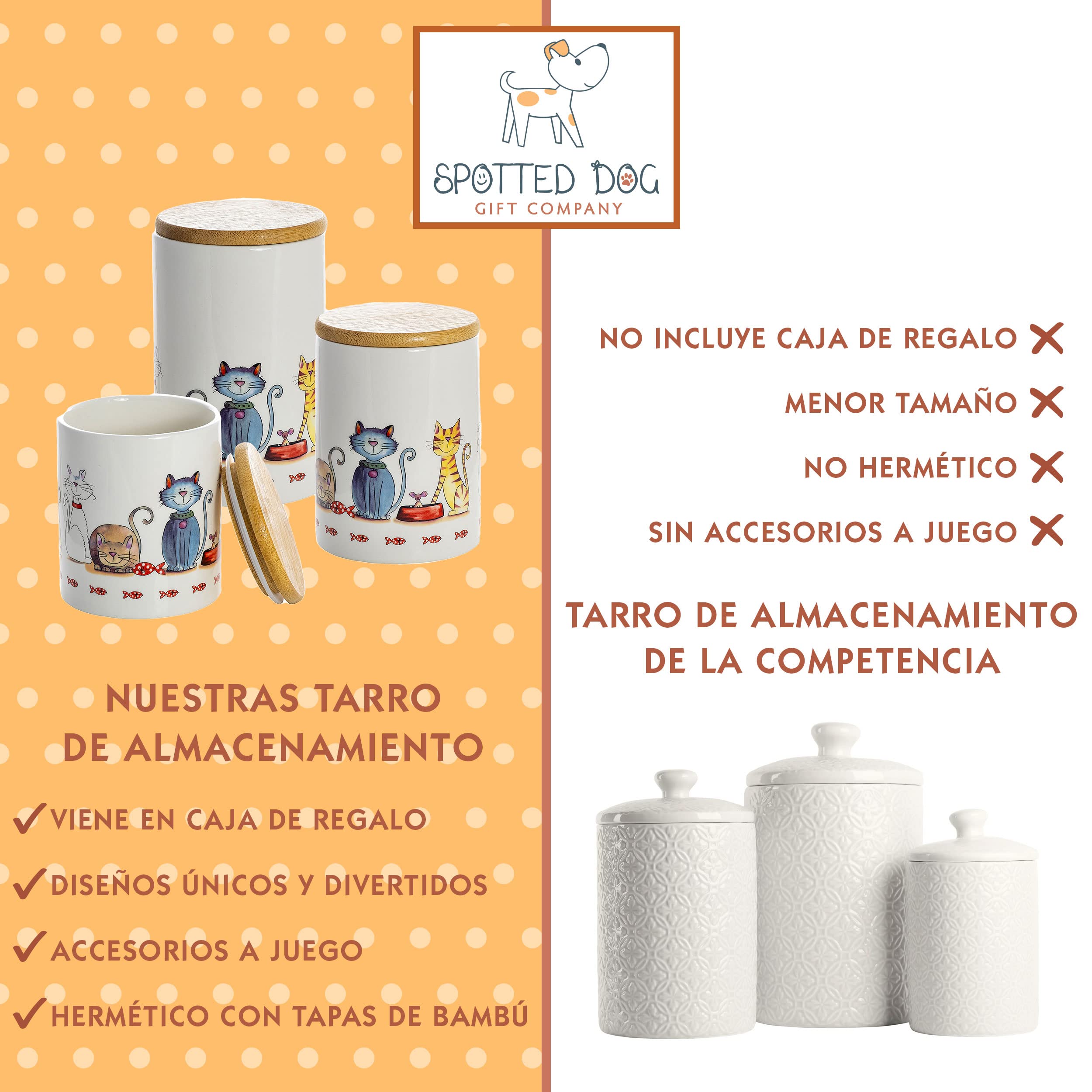 SPOTTED DOG GIFT COMPANY Juego de 3 Botes Cocina Almacenaje de Cerámica con Estampado de Gatos Bonitos, Recipientes Herméticos para Alimentos con Tapa, Regalos para Amantes de los Gatos