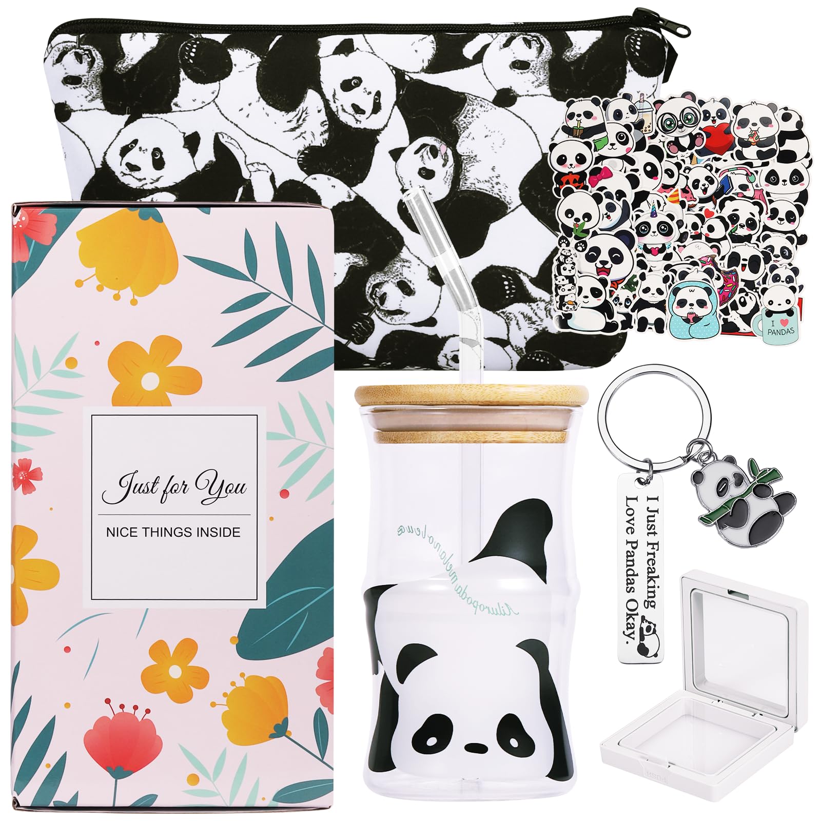 TAOVEEK Panda Lover Gifts Set, 5PCS Birthday Gifts Box with Galss Cup Makeup Bag Keychain & Stickers for Christmas Women Girls Friends Daughter
