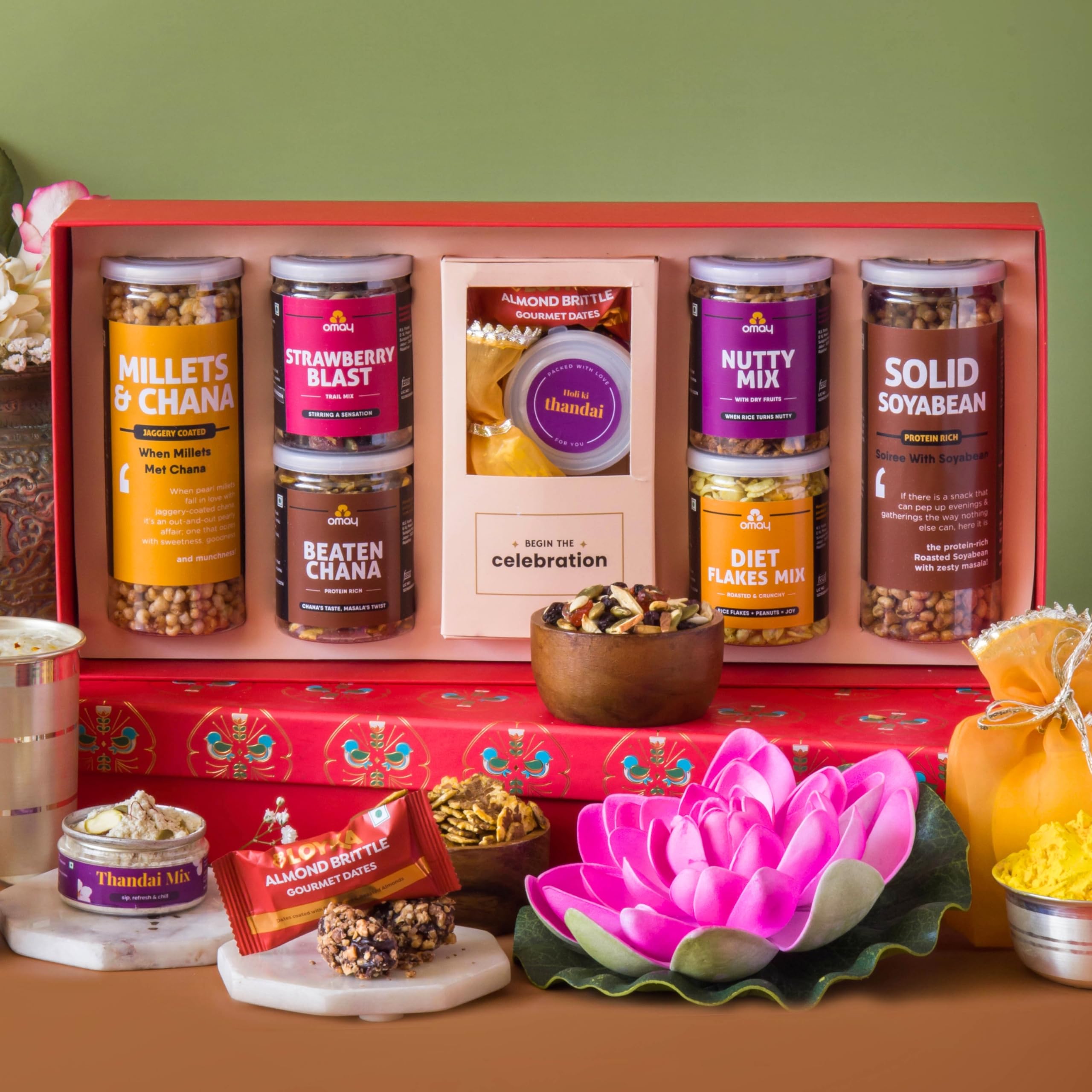 Omay Foods 10 pcs_ROYAL HOLI Gift Hamper I Healthy Gift Box with Gulal, Thandai & Snacks I Perfect Corporate Holi Hamper for Clients, Employees & Friends I Premium Gourmet Gift Hamper | Special Holi Gift Pack